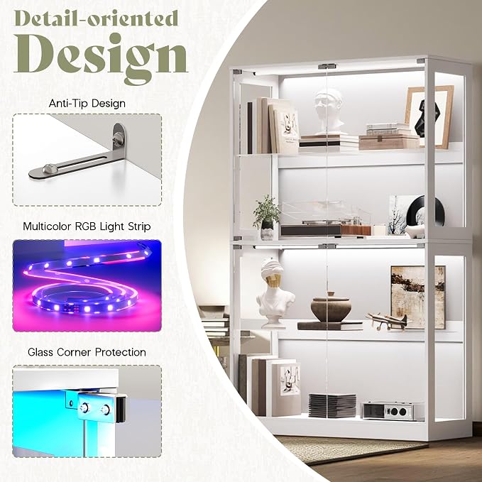 AMERLIFE 45-Inch RGB Display Cabinet with Glass Doors | 70 H x 45 W x 16 D In, 4-Tier Storage, Adjustable Glass Shelves, RGB LED Lights, Press-to-Open Doors, White