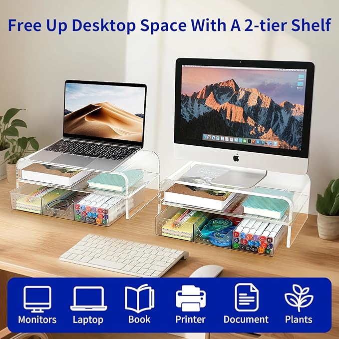 OPNICE Acrylic Clear Desk Organizers and Accessories, 2-Tier Computer Monitor Stand Riser with Drawer, Laptop Stand, Office Desk Accessories for Office Supplies, Transparent