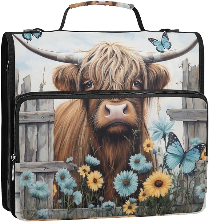 Highland Cow 3 Ring Zipper Binder 2 Inch with Strap for Girls | School Binder Bag with Handle Multi Pockets Binder Organizer 500- Sheet Capacity for School Office Supplies