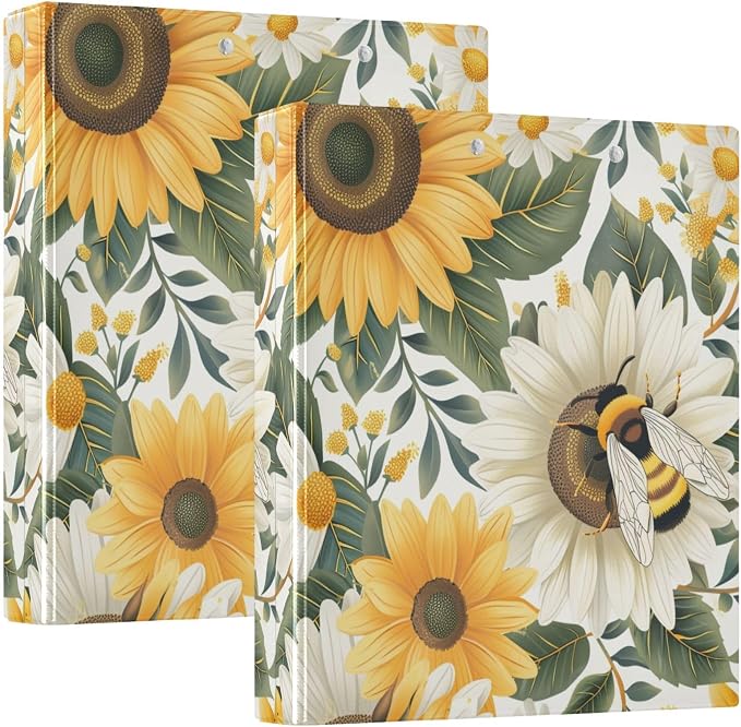 3 Ring Binder Sunflower Bee 1.5" Round Ring Binders View Binder with 200 Sheet for Women Men Office Kids School Supplies, 1 Pack