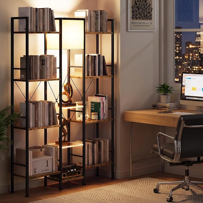 AFLUI Triple 4 Tier Industrial Bookshelf with Light, 11 Shelves | 2 Acrylic and Light for Better Display, Wide 3 Column Open Storage Fits Book or Decor, Industrial Metal Frame for Living Room