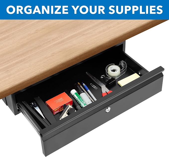 Mount-It! Locking Under Desk Pull-Out Drawer, Heavy-Duty Steel Under Table Slide-Out Storage Organizer with Key Lock for Private Storage, Smooth Glide Track, Fits Desks Over 0.71″ Thick