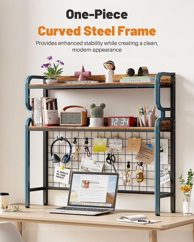 BYMECOST 38.6" Desktop Hutch Bookshelf,2-Tier Desk Shelf with Pegboard | Heavy-Duty Desktop Bookcase With Grid Panel and Hook, Desk Hutch for Computer in Offices or Dorms