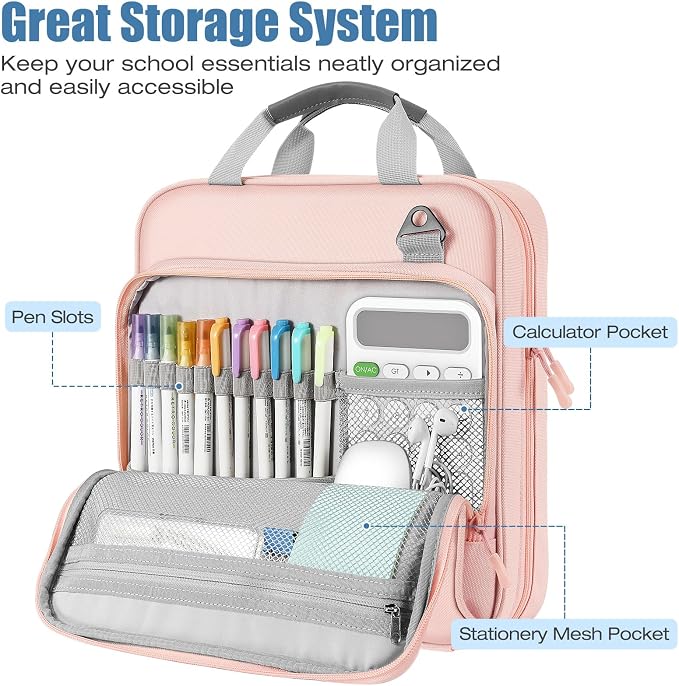 MoKo Zipper Binder, 2 Inch 3 O Ring, 5 Tab File Folders, 500 Sheets, Pink | Water-repellent 900D Oxford with five file pockets, two mesh pockets, a handle and padded shoulder strap.