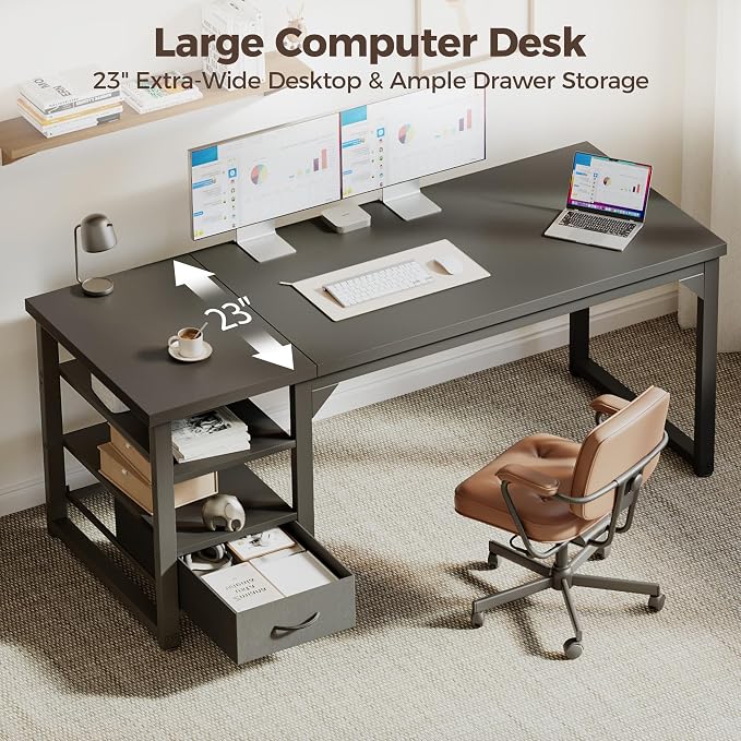 48 in Computer Desk with Drawer, 1" Thick Reversible Office Desk | Modern Writing Table with Storage Shelves, Heavy Duty Industrial Study Desk for Home Bedroom Work