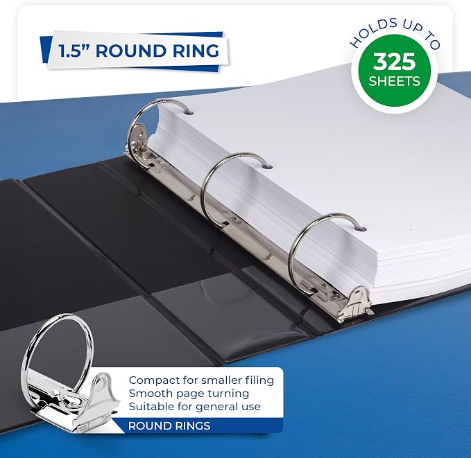 Samsill 1.5 Inch 3 Ring Binder, Economy Round Ring, Clear View Cover, 325 Sheet Capacity - for School, Home, Office - Black