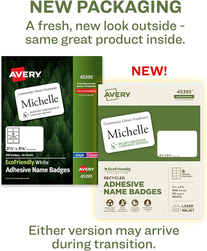 Avery EcoFriendly Recycled Name Tags, 2-1/3" x 3-3/8", White, Removable Adhesive, 400 Printable Name Badges (45395)