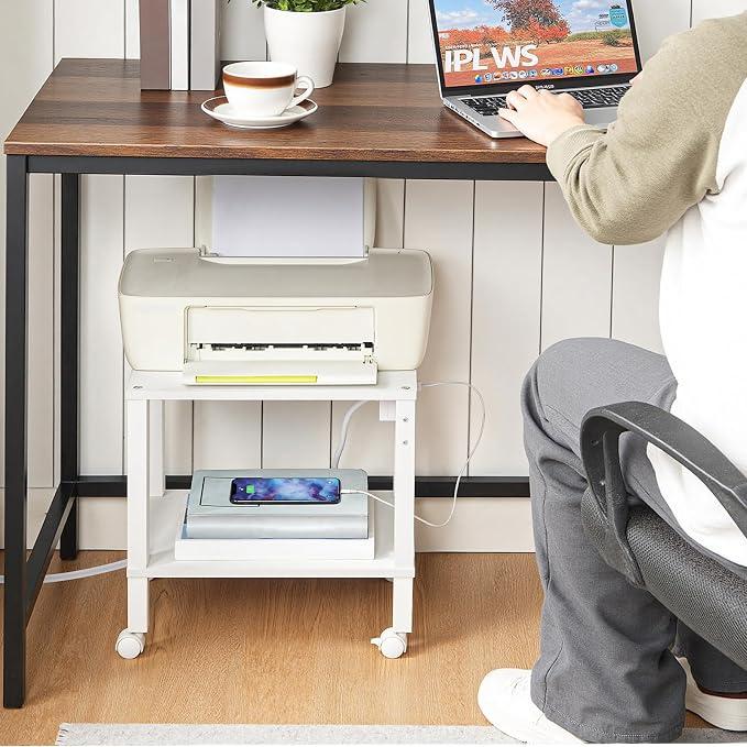 HOOBRO 2-Tier Printer Stand with Charging Station, Under Desk Printer Table, Printer Cart with Storage Shelves, Shelf for Small Spaces, for Home Office, White WT38UPS01