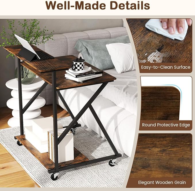 Giantex Rolling Small Desk with Storage, Compact Computer Desk for Small Spaces with Charging Station, Monitor Stand, Lockable Wheels, Study Writing Desk for Home Office, Bedroom (Rustic Brown)