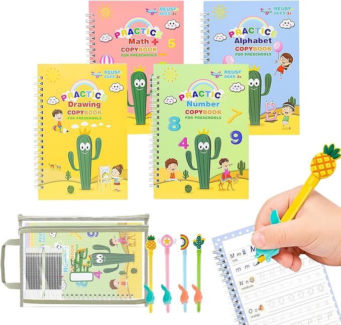 Premium Grooved Handwriting Practice for Kids, Reusable Children's Magic Copybook with Pencil Grips and Pouch, Large Size Calligraphy Workbooks Kit for Pre-School, Kindergarten(30 Refills)