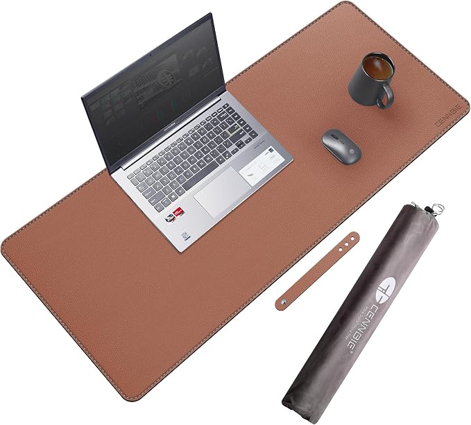 CENNBIE 35.5" x 16" Leather Desk Mat, Computer Mouse Pad for Office(Brown) | Premium Stitched Edges Resist Wear. Waterproof, Non-Slip & Easy To Clean. Protects Desk From Scratches. For Office & Home.