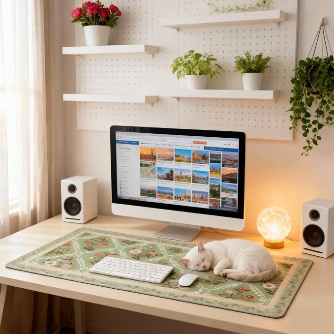 XXL Large Floral Mouse Pad - Sage Green Flower Desk Mat with Stitched Edges & Anti-Slip Base, Computer Keyboard Mat for Office & Home, Desk Decor for Women
