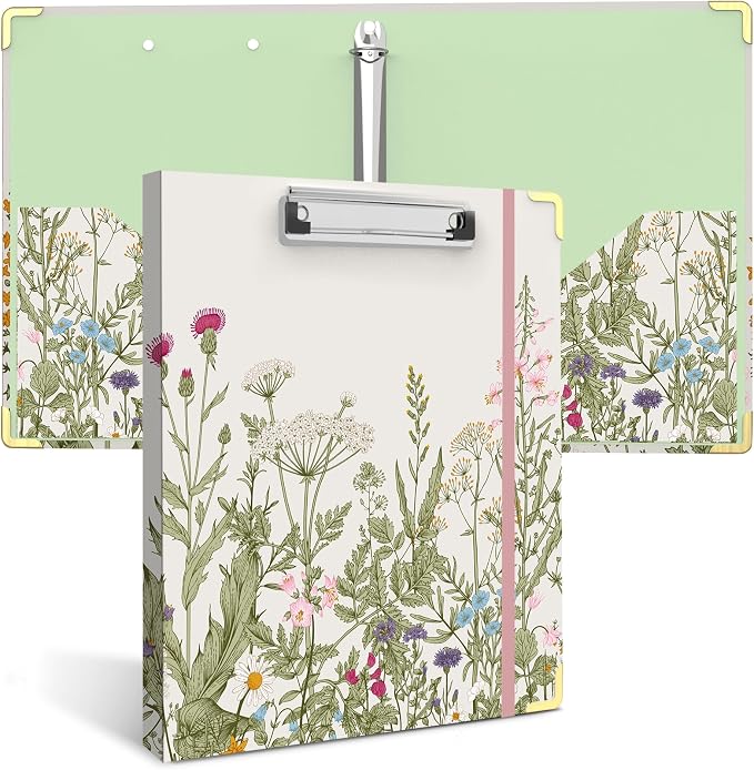 3 Ring Binder 1 Inch, Cute Decorative Hardcover Low Profile Clipboard with Storage, 1'' Round Ring Binders for Letter Size Paper, Durable Binder Organizer for School Office Supplies(Garden Flowers)