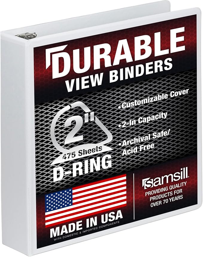 Samsill Durable 2 inch 3 Ring Binder, D Ring Binder, 100% Recycled Chipboard, White
