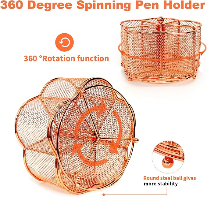 Pen Holder for Desk,360 Degree Rotating Pencil Holder Organizer | 5 Compartments,Large Capacity Pencil Holder for Desk,Metal Rust Prevention,Pen Organizers for Home(Rose Gold, No hook)
