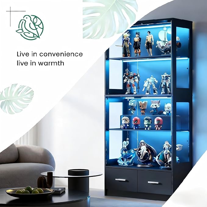 67" Display Cabinet with Glass Doors and 2 Drawers | Black | RGB LED Lights, Pop-Up Glass Doors, Adjustable Shelves, Anti-Tip Design
