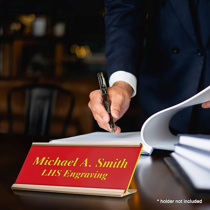 Door Name Plate Personalized for Office Red Plastic Name Plate with Yellow Letters - Made in USA 2x4 B22