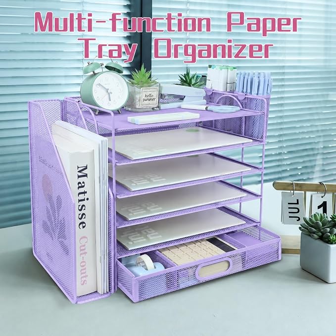 Desk Organizers and Accessories with File Holder, 6-Tier Paper Letter Tray Organiser with Drawer and 2 Pen Holder, Mesh Desktop Document Organizer for Office Supplies, Workspace - Purple
