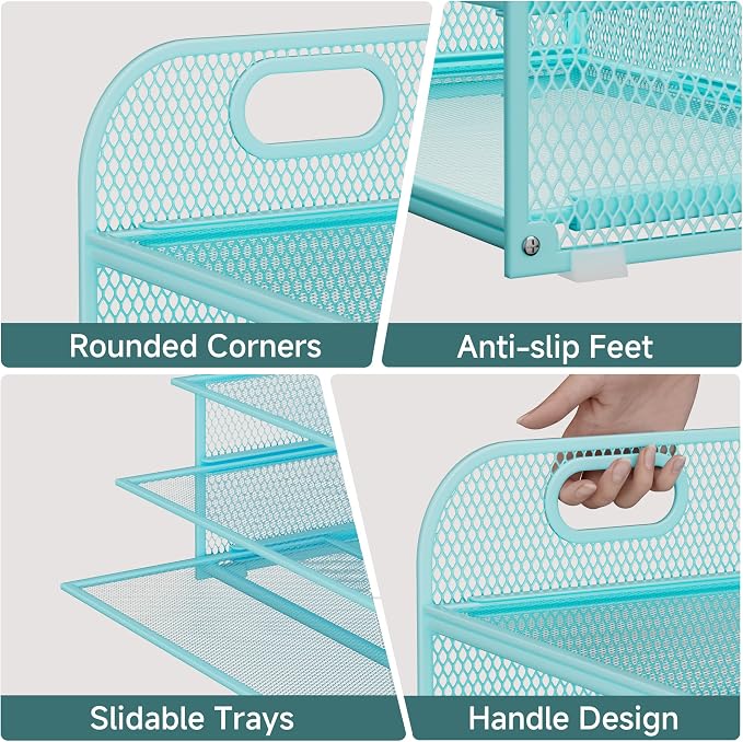 Paper Organizer Letter Tray with Handle Mesh 5-Tier | Stackable Desk Organizer for Files/Paper/Office Supplies, Sturdy Carbon Steel Desk Organizer for Home Office & Classroom