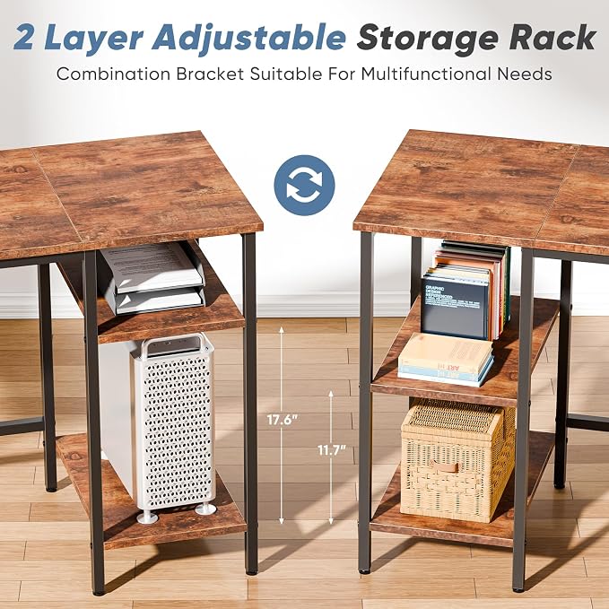 DUMOS 62 Inch L Shaped Computer Desk with Charging Station | Corner Gaming Desk with Dual Monitor Stands, Drawer & Adjustable Shelves for Home Office, Rustic Brown