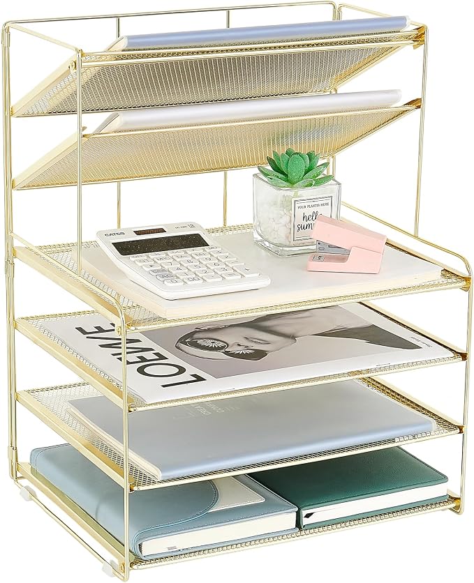 Desk Organizer, 6-Tier Paper Organizer Letter Tray, Gold | Desk Organizers and Accessories, Office Desk Accessories & Workspace Organizers, Desktop File Organizer for Office Supplies