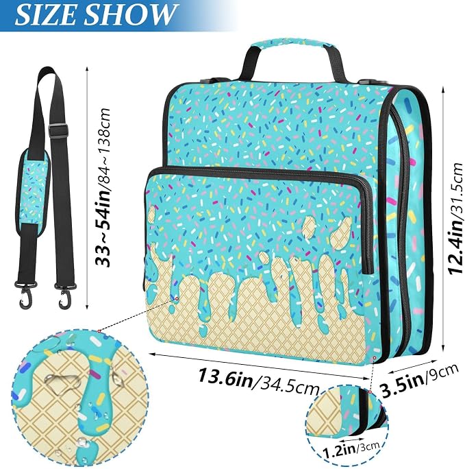 Teal Blue Ice Cream Print 3 Ring Binder Bag 1.5 inch Binder Organizer with Zipper Shoulder Strap 500 Sheet Documents Storage for School Office