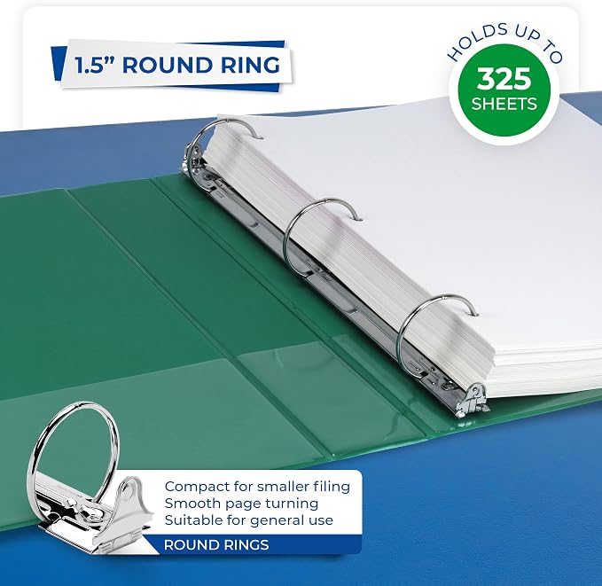 Samsill 1.5 Inch 3 Ring Binders, Economy Round Ring, Clear View Cover, 325 Sheet Capacity - for School, Home, Office - Green, 12 Pack