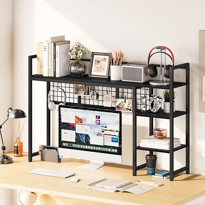 Snughome Desk Shelf, 44.9" Desktop Organizer Shelf, Desk Hutch for Computer Monitor, 4 Tier Desk Display Rack with Pegboard Hooks Set, Wood Desktop Bookshelf for Home Office Dorm