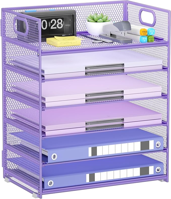 Purple Paper Organizer for Desk with Handle, 6-Tier | Metal Mesh File Organizer, Stackable Desktop Organizer for Office Supplies & Stationery Storage