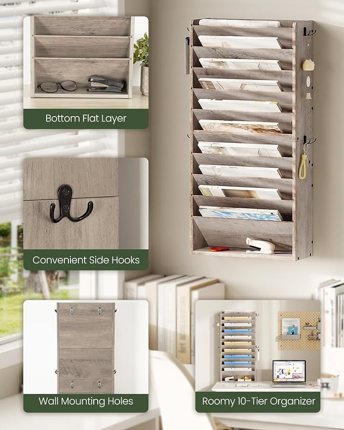 Wall File Organizer, 10-Tier Hanging Mail Organizer, Wall Mount File Holder with 4 Side Hooks, Industrial Mail and Storage Organizer, Wooden Vertical Hanging Holder for Office, Greige MWJ03FH