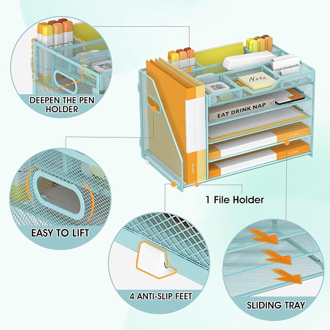 5 Tier Paper Letter Tray Desk Organizer with Pen Holders - Blue | Features 3 pen holders and 4 removable dividers.Versatile mesh desktop storage for mail, document,office supplie