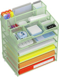Docnest 6 Tier Mesh Desk Organizer with Letter Tray & Paper Sorter, Green | Features 3 built-in pen holders & 5 adjustable compartments on top. Includes 4 non-slip rubber feet for desk protection