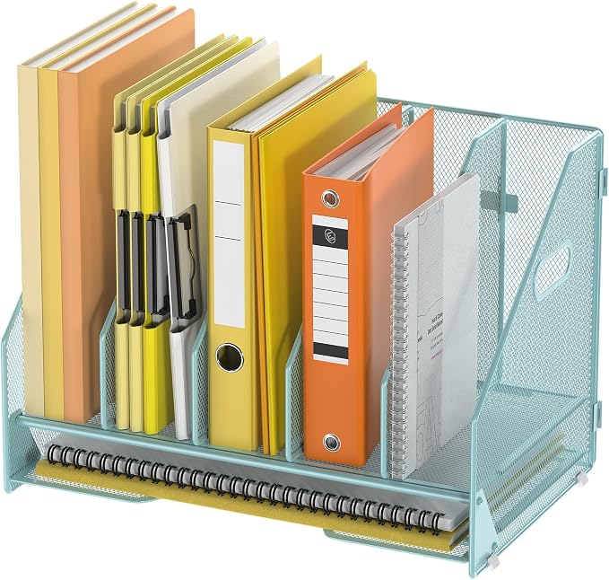 Docnest Mesh Desk File Organizer, 5 Vertical Compartment Box Sorter, Blue | Features 4 removable middle dividers for custom spacing and a bottom letter tray to hold paper, mail, and documents