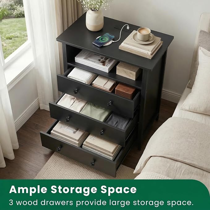 27 Inch LED Nightstand with Charging Station & 3 Drawers, Retro | RGB App Control, 2 AC Outlets & 2 USB Ports, Open Storage, Adjustable Feet, Wood Tall Nightstand for Bedroom or Office