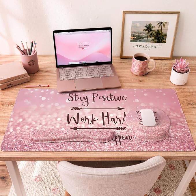 iCasso Pink Ergonomic Mouse Pad with Wrist Rests Set for Desk Accessories