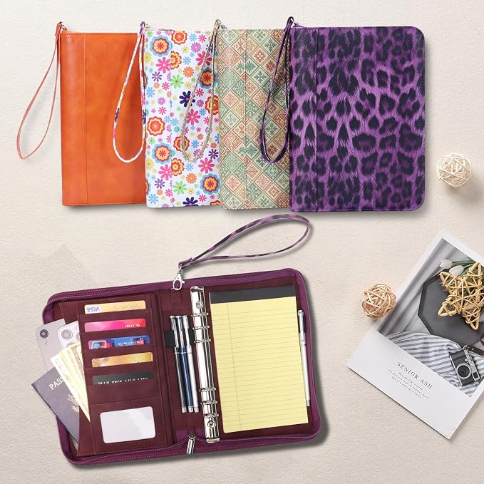 A5 Binder 6 Ring with Zipper, Portable Planner for Travel & Study | Faux leather A5 planner with detachable 6 rings, lined pages, pouches, card slots and pen holder for daily use.
