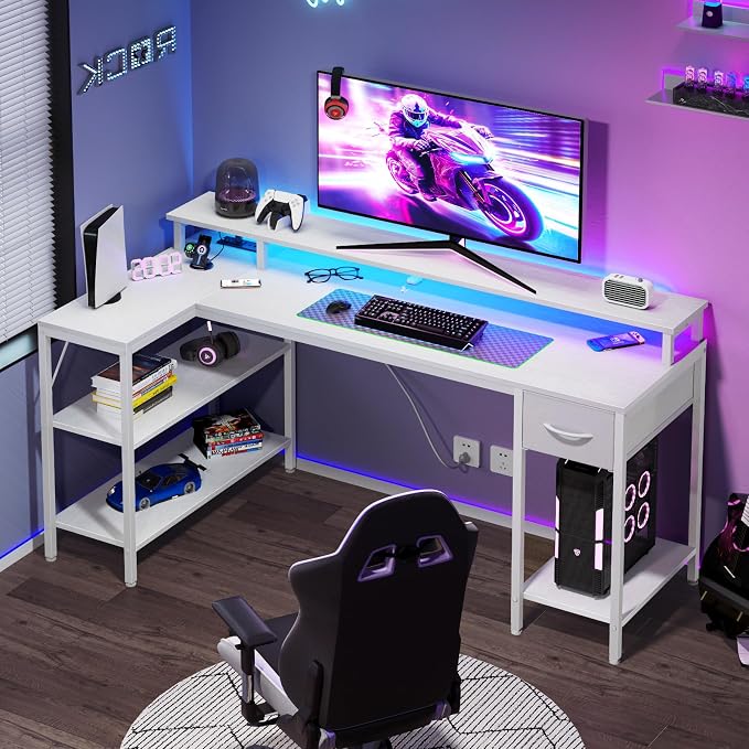 DUMOS 53 Inch Gaming Desk, L Shaped Desk, LED Lights | Monitor Stand, Storage Shelves, Computer Table, USB Charging Ports, Power Outlets, Small Spaces, White