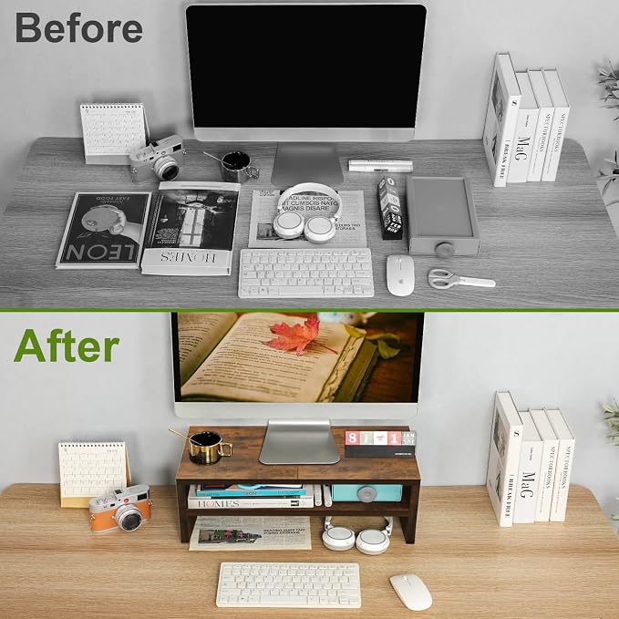 TEAMIX 20 inch Monitor Riser Stand - 2 Tiers, Wood Rustic Desktop Bookshelf | Laptop/PC/Printer/Keyboard Storage, Ergonomic Design, 15mm thick Sturdy Wood Boards, TV Stand, Home Office Desk Accessories