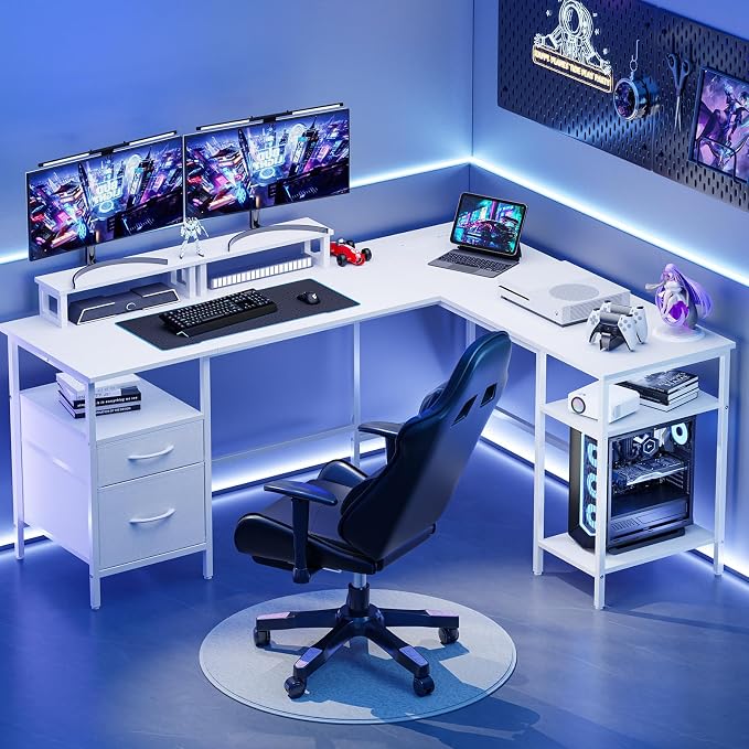 DUMOS L Shaped Gaming Desk with Charging Station & 2 Monitor Stands, Computer Desk with Drawer & Adjustable Storage Shelves, Large Corner Desk for Home Office, 62 Inch White