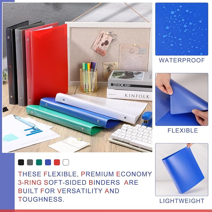 Fulmoon 48 Pack 3 Ring Plastic Binders 1.5 Inch Bulk with 2 Pockets, Flexible Binder Loose Leaf Hardcover, Fit 12" x 10" US Letter Size Paper, for School Office Home, 6 Colors(Classic)