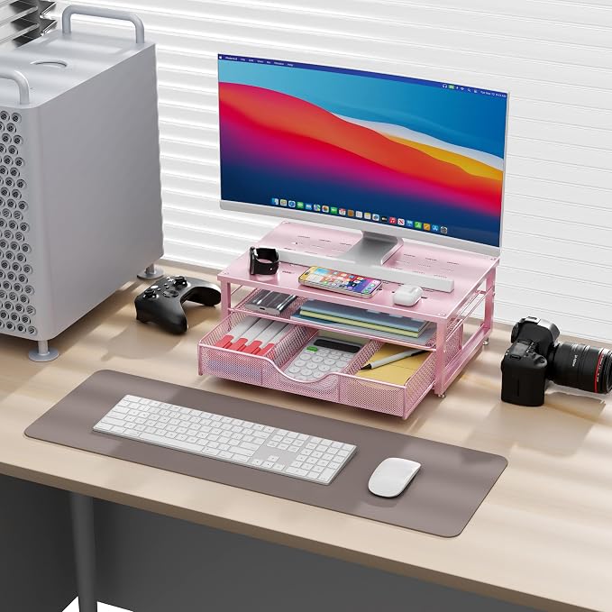 gianotter Computer Monitor Stand Riser with Drawer | Desk Organizers and Accessories Desk Accessories & Workspace Desktop Organizers Storage for Printer Stand (Pink)