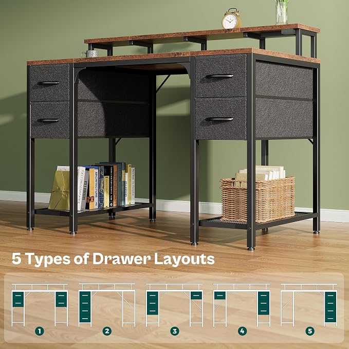 Huuger 47 inch Computer Desk with Power Outlets & 4 Drawers | Gaming Desk with LED Lights, Home Office Desk with Storage Space, Work from Home, Rustic Brown and Black