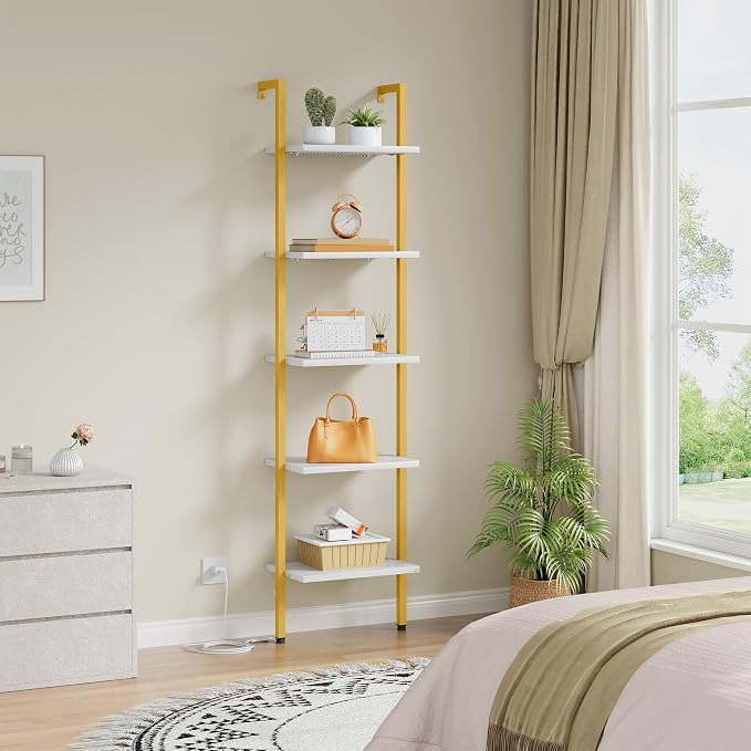 5 Tier Ladder Shelf with Light, Wall Ladder Book Shelf Gold & White | Wooden Ladder Shelf with Metal Frame, Leaning Ladder Shelf Narrow Ladder Bookshelf for Living Room, Bedroom, Office