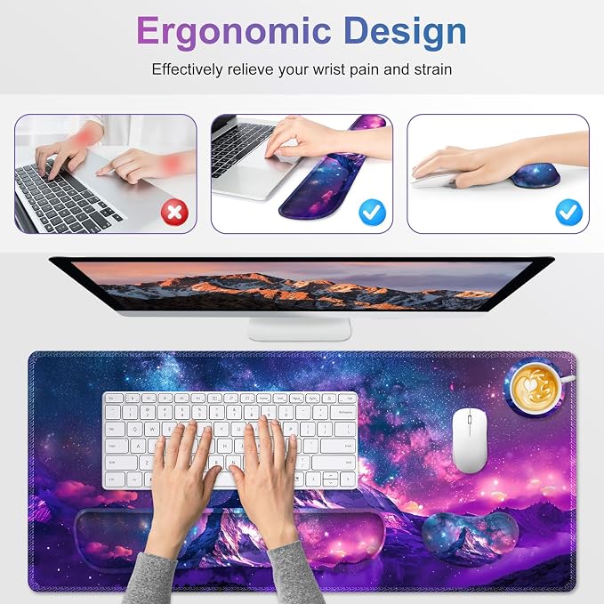Large Gaming Mouse Pad Set, Purple 4 in1 Ergonomics Keyboard Desk Mat with Memory Foam Wrist Rest, Extended Game Mousepad, Non-Slip Desk Pad Matt Easy Typing Pain Relief I Galaxy Mountain