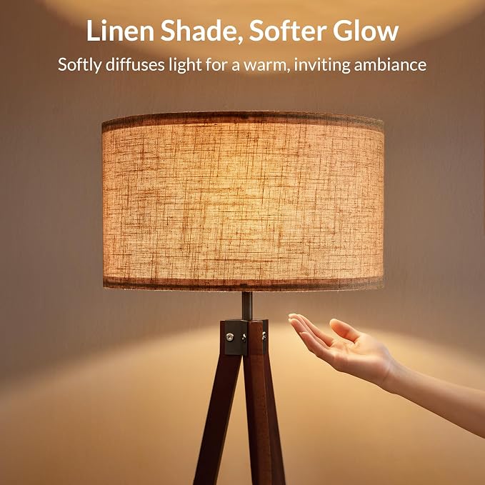 LEPOWER Tripod Floor Lamp Mid Century Modern Standing Lamps for Living Room | Light-Diffusing Linen Shade, Premium Rubberwood Tripod with E26 Base, Adding Warmth to Bedroom, Office & Study Corner Walnut