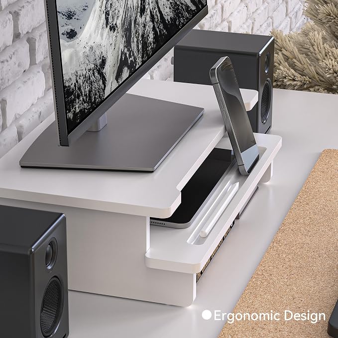 16.5” Bamboo Monitor Stand with Phone & Tablet Holder Desk Shelf | Monitor Riser for 36-48 Inch Desk Cozy Computer Setup Workplace Organizer Keyboard Storage Compact Ergonomic White