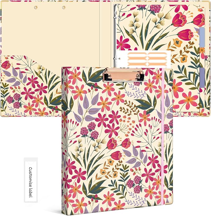 Ospelelf 3 Ring Binder, 1/2 Inch, Cute Floral Binder for Letter Size (11" x 8.5") with 5 Tab Dividers, File Folder Labels and Low Profile Clipboards