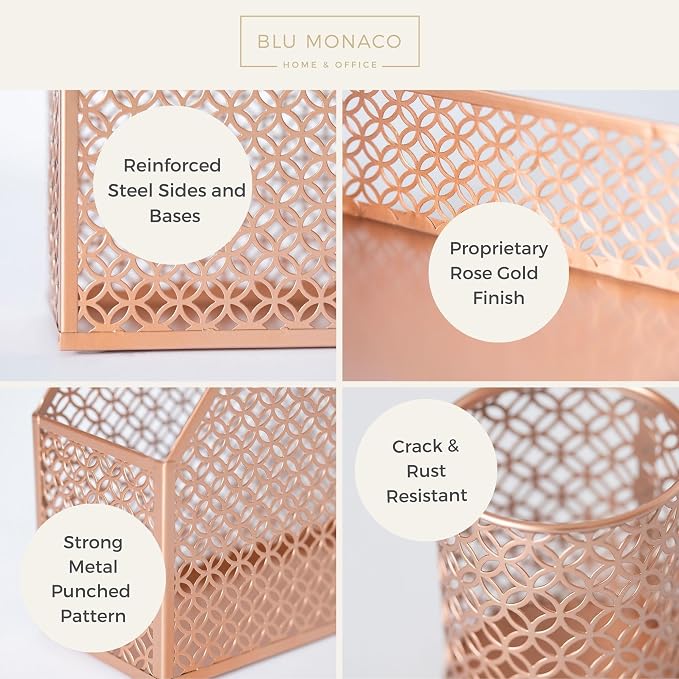 BLU MONACO | Rose Gold Desk Organizer Set | 6 Piece Metal Office Desk Organizer with Mail Sorter, Pen Cup, Sticky Note Holder, Magazine File, Card Holder, Paper Tray | Desk Organizers and Accessories