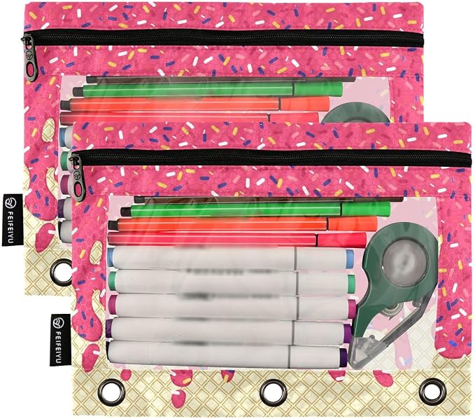 Red Ice Cream Print Pencil Pouch for 3 Ring Binder, 2 Pack Waterproof Pencil Bags Clear Window Pencil Case Zipper School Office Supplies