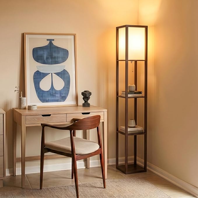 Brightech Maxwell - Modern Shelf Floor Lamp with Lamp Shade & Warm White LED Bulb, Corner Display Floor Lamp with Shelves for Living Room, Bedroom, Nightstand Office, Home Decor Storage - Havana Brown
